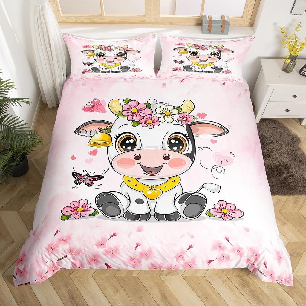 Cartoon Farmhouse Duvet  Cover Set Queen King Size Cute Cow Farm Animal Bedding Set 3 Piece Set with 2 Pillowcases No Quilt