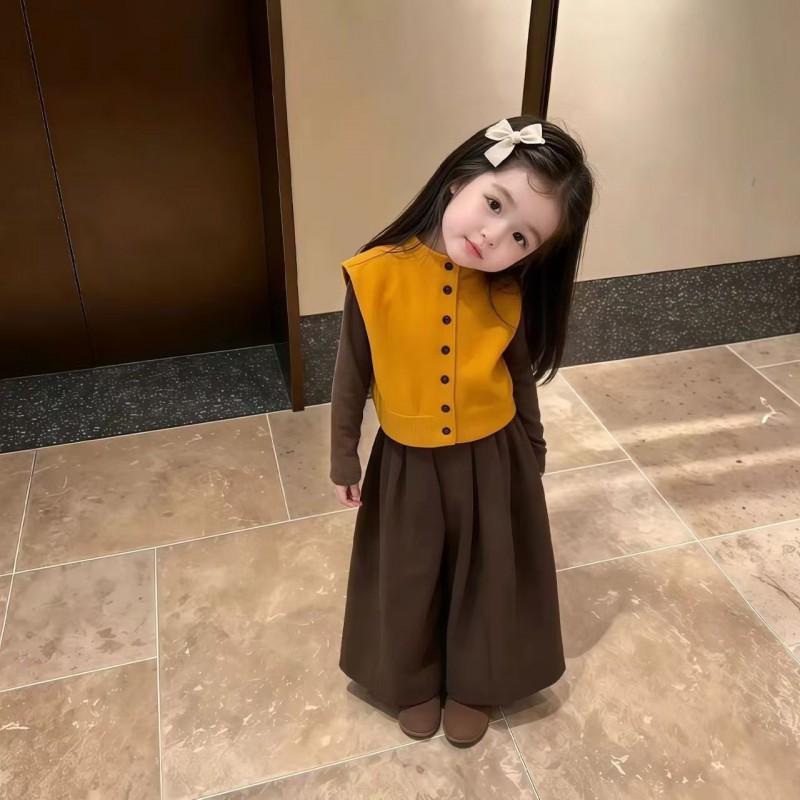 Girls 3-Piece Outfit Set Sweater Vest Long Sleeve Top Wide Leg Pants Casual Toddler Clothes