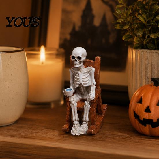 Novelty Skeleton Reading Figurine Halloween Figurine, Resin Sitting On Rocking Chair Statue, Drinking for Home Decor Coffee Crocheting Tabletop