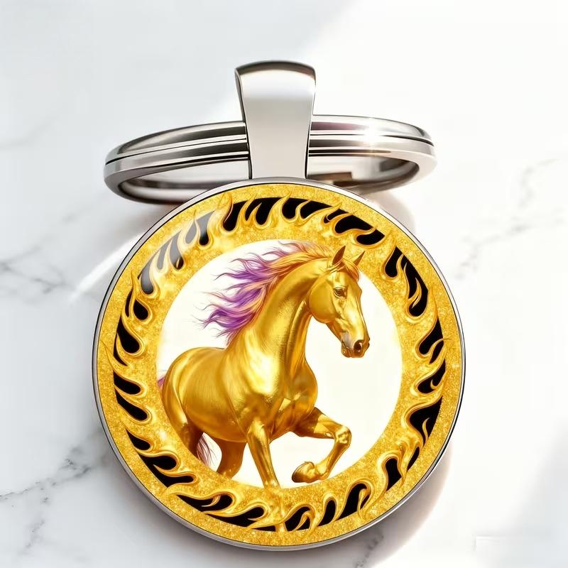 2026 Horse Year Design Dome Glass Alloy Keychain Zodiac Pony Pattern Pendant Backpack Hanging Decor Car Keyring New Year Gift