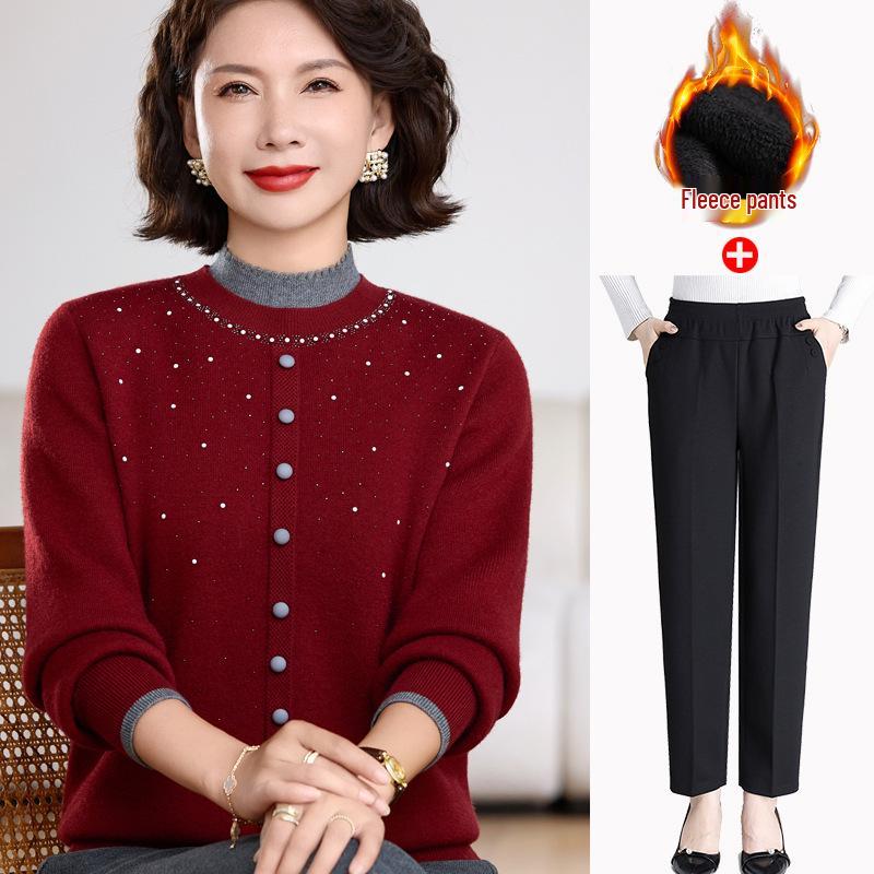 Elegant Winter Half-Collar Knit Sweater for Middle-Aged & Older Women – Velvet-Lined and Warm Two-Piece Look
