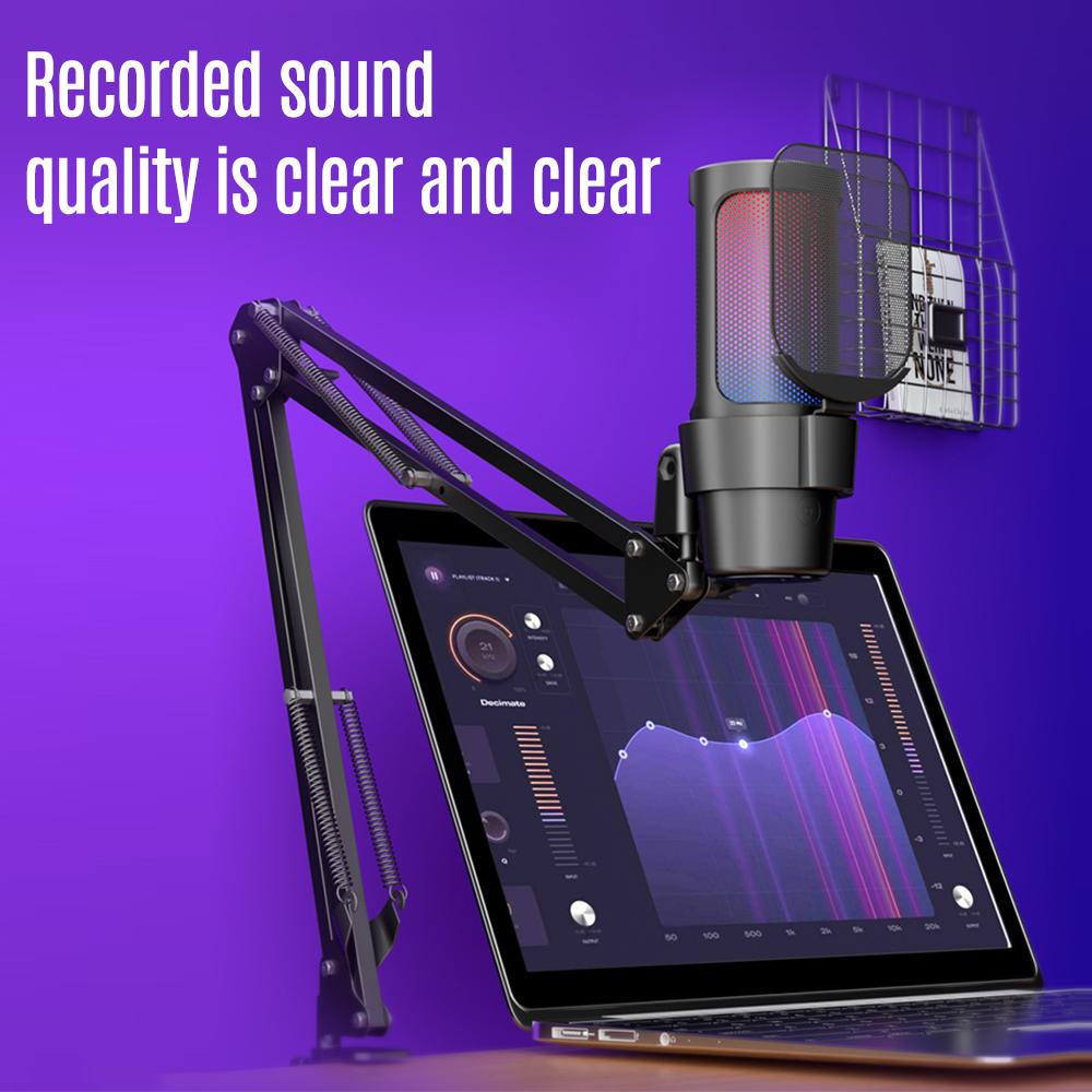 USB Gaming Microphone Computer Mic Kit RGB Lighting Cardioid Mode Pick Up Quick Mute and Gain Knob with Boom Rack for