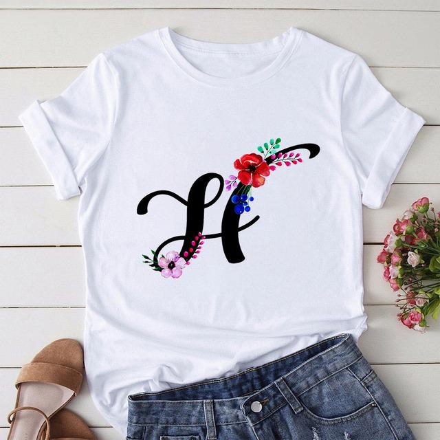 New Alphabet Print Women T Shirt Woman Harajuku Short Sleeve Tees Shirt Floral Letters T-Shirt Girl Summer Tee Top Femme Tshirt