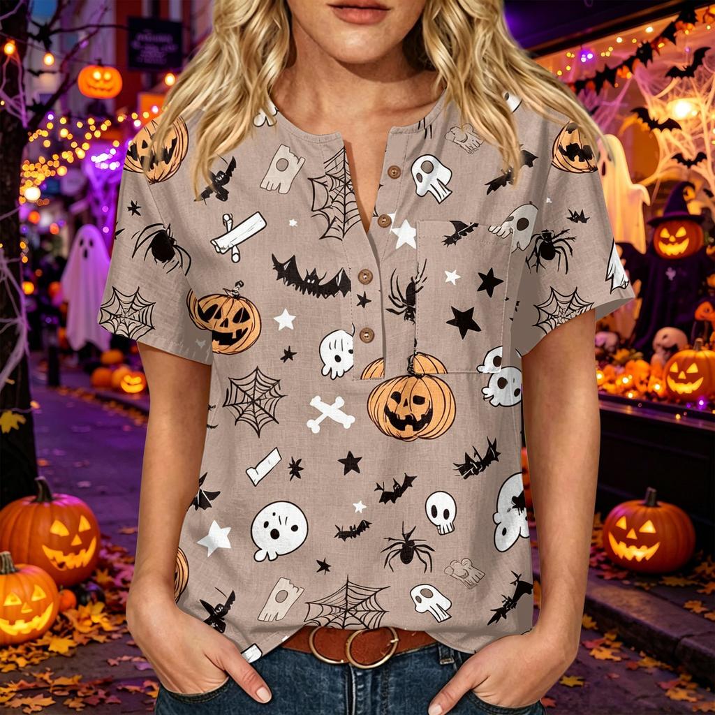 Womens Halloween Print V Neck Button Detail Short Sleeve Top Casual Loose Fit Three Quarter Sleeve T Shirt
