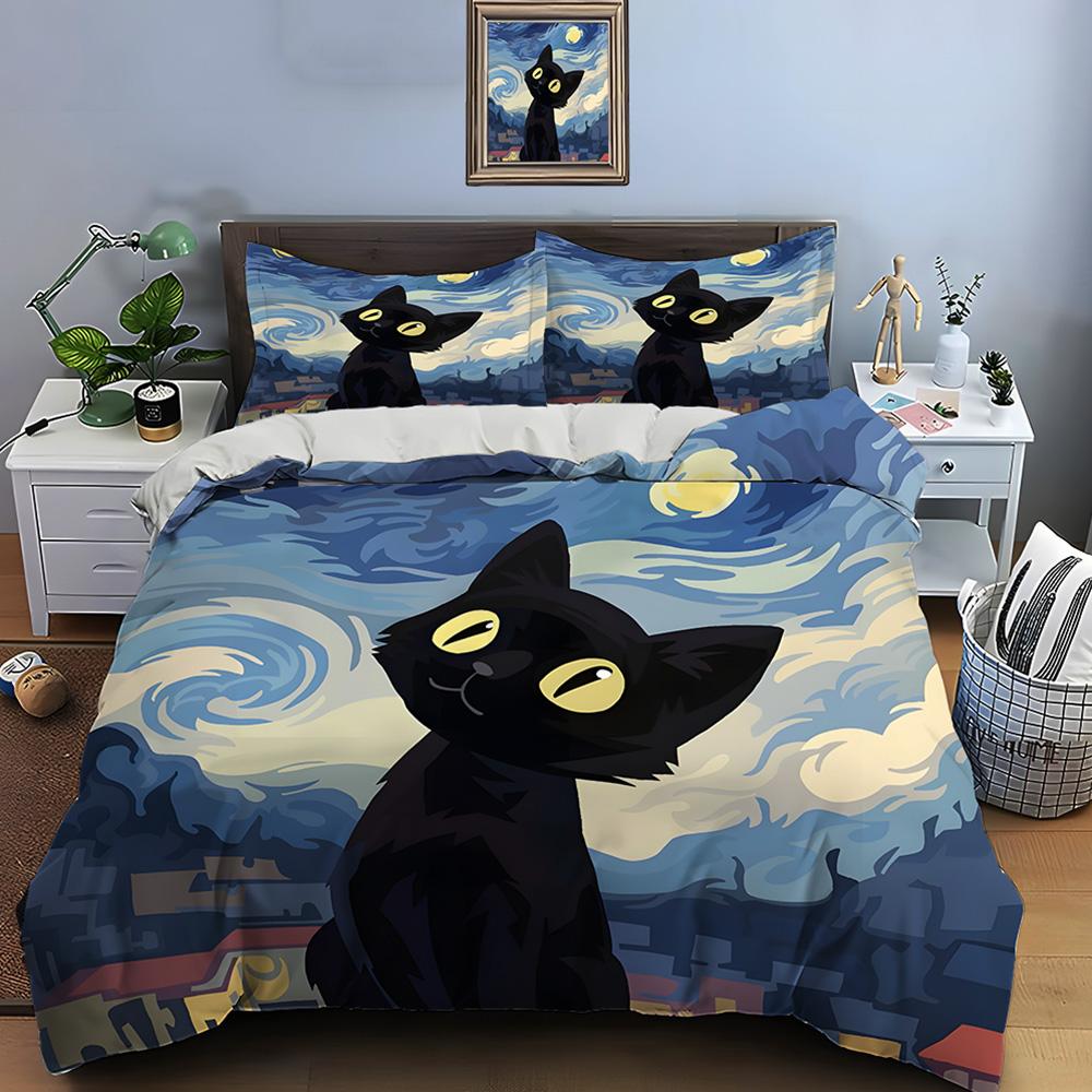 Van Gogh-style Black Cat Starry Night Bedding Set for Kids Luxury Gift 3pcs Digital Print Comforter Set Soft Comfortable EU Twin 135X200cm&set
