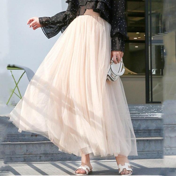 Vintage Elegantes Tüllrock mit hoher Taille 3 Lagen Netz Elastischer Bund Gaze Tutu Rock Herbst Frühling Ballkleid Lang QT2001