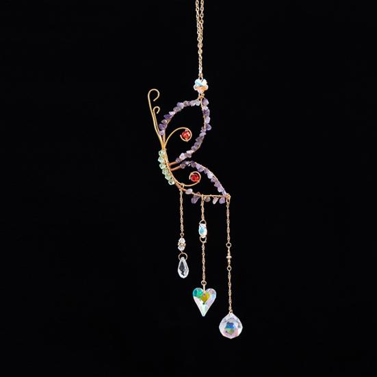 Butterfly Sun Catcher Ornament Indoor Outdoor Natural Stone Fake Crystal Butterfly Decoration Wall Window Hanging Fake Amethyst Butterfly Rainbow