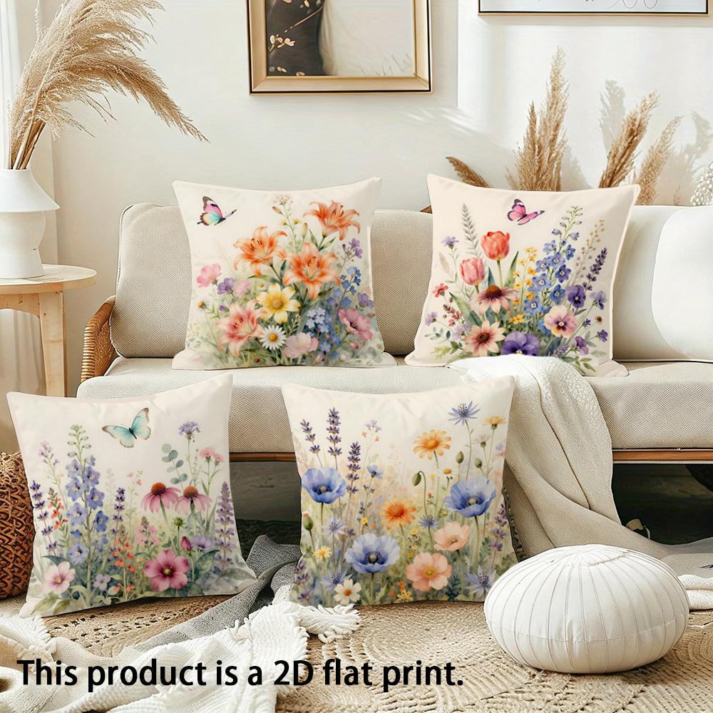 1/4Pcs Floral Printed Pillowcases With Butterfly Motifs Sofa Cushion Cover Home Bedroom Room Decoration