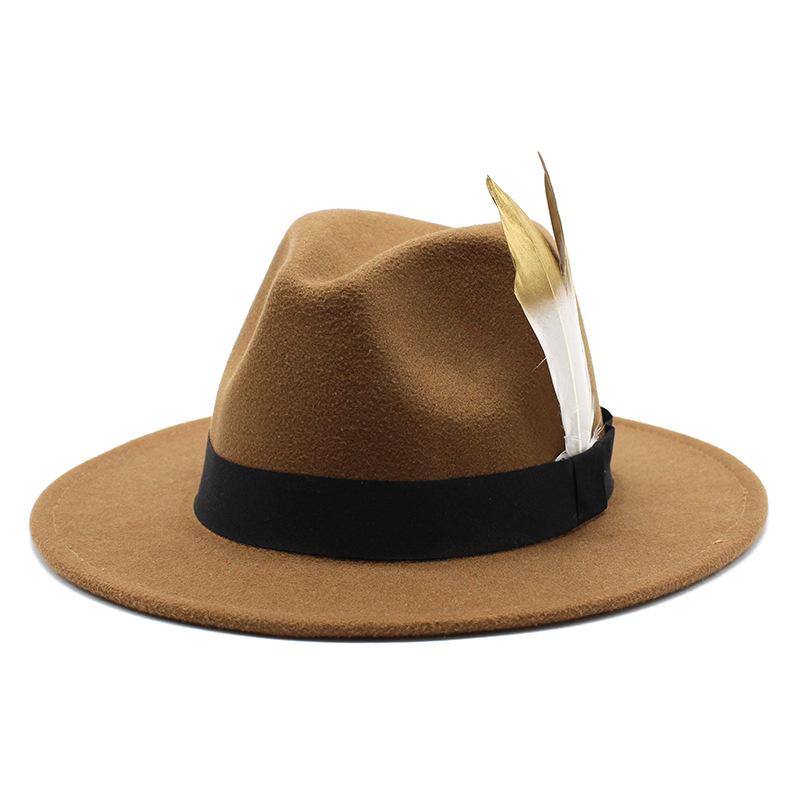 Trendy Wide-Brimmed Hat Woolen Top Hat Versatile Feather Flat Edge Jazz Hat British Style