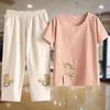 Stylish Cotton & Linen T-Shirt Set for Women: Summer Round Neck Short Sleeve Top for Middle-Aged and Elderly