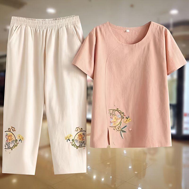Stylish Cotton & Linen T-Shirt Set for Women: Summer Round Neck Short Sleeve Top for Middle-Aged and Elderly