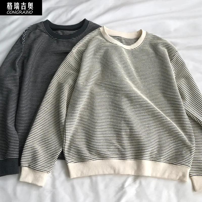 

Textured Pinstripe Korean Style Casual Sweatshirt Women s Fashionable Simple Round Neck Pullover Loose Top L абрикосовий