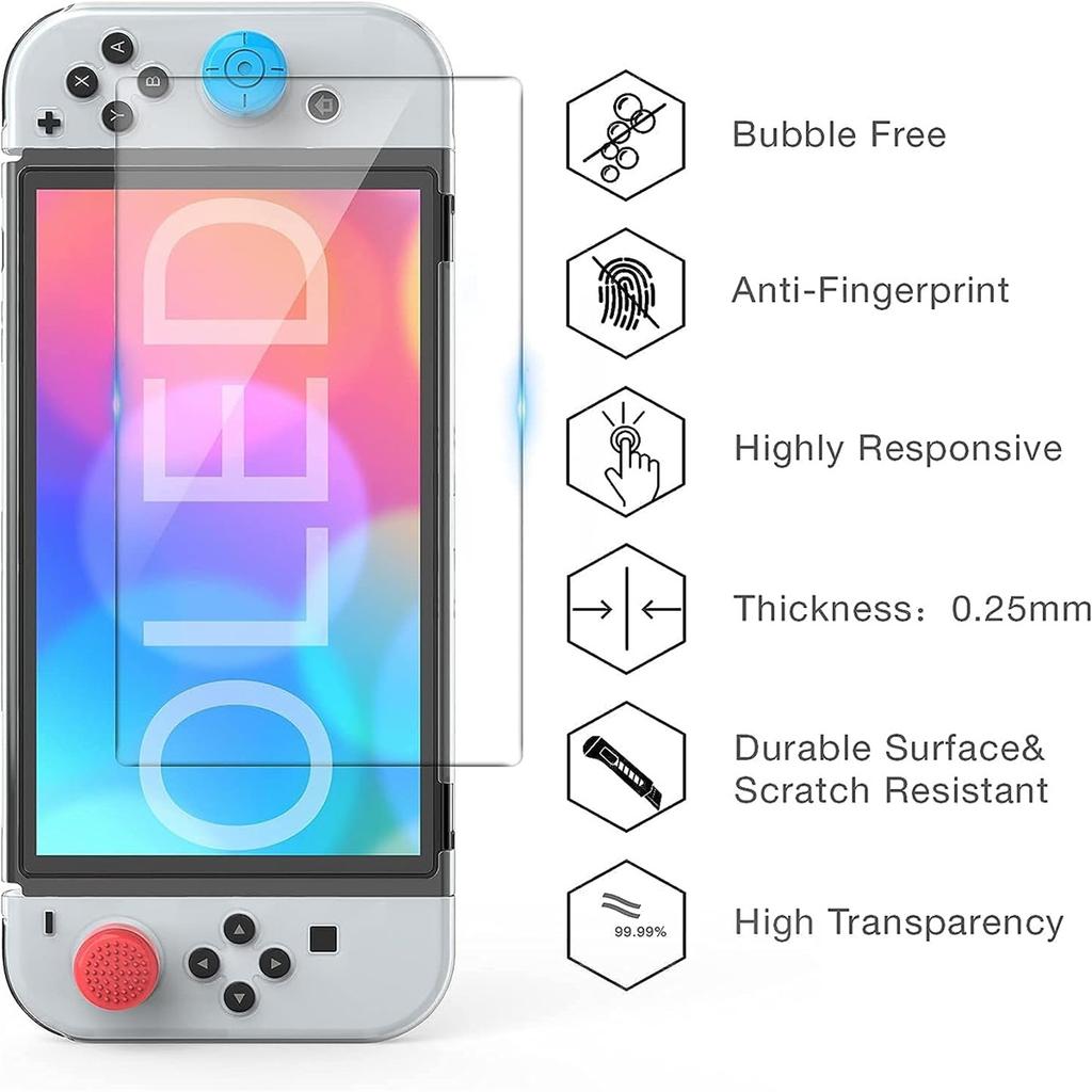 Custodia protettiva in TPU OLED adatta per Nintendo Switch, con pellicola temperata per lo schermo e 6 tasti per i pollici.