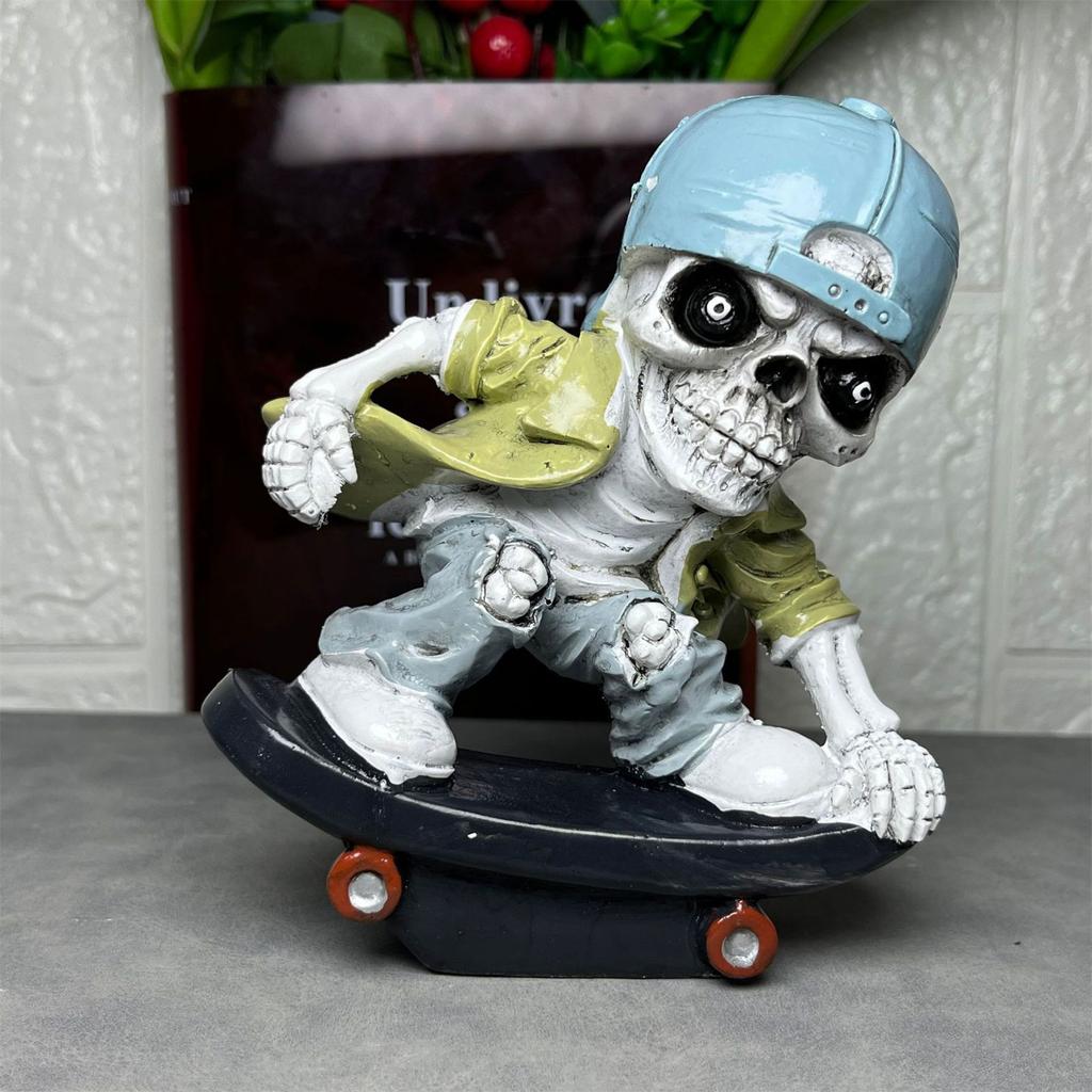 Scary Resins Skeleton Sculpture Funny Skateboarding Skull Figurine Ornament for Halloween Party Desktop Decoration