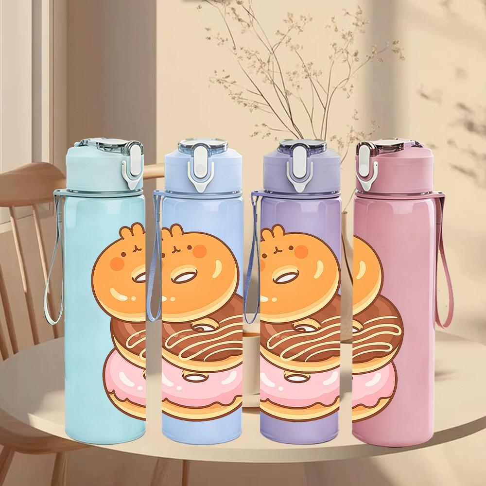 1PC Donut Cartoon Pattern 750ml Color Plastic Sports Water Bottle Leakproof Flip Straw Lid Suitable for Sports Office Home Use