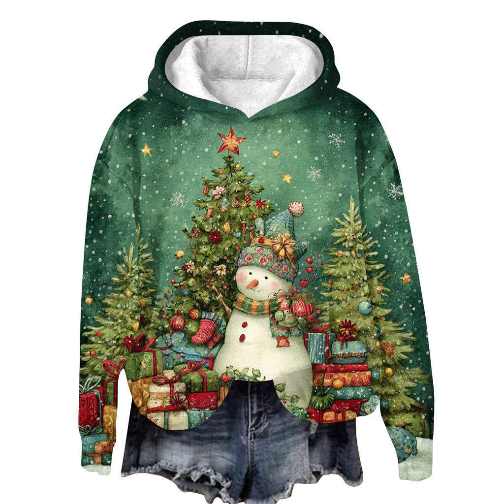 Women's Fashion Long Sleeve Christmas Print Loose Hooded Sweatshirt Top