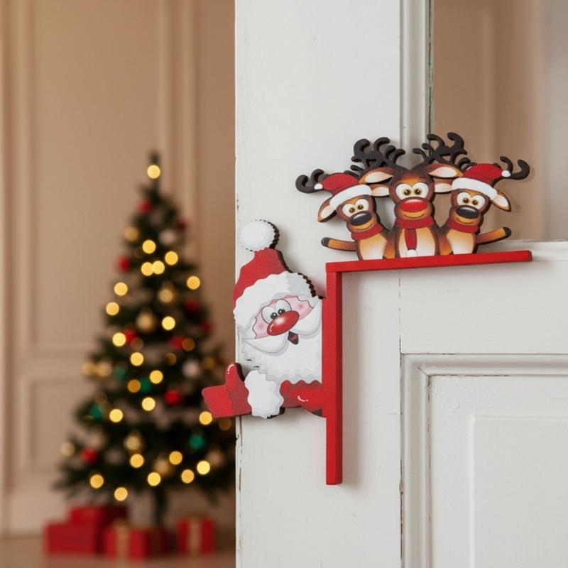 Christmas Wooden Door Hangings Santa Reindeers Carving Wall Ornament For Indoor Outdoors Holiday Season Home Decoration Easy Installation