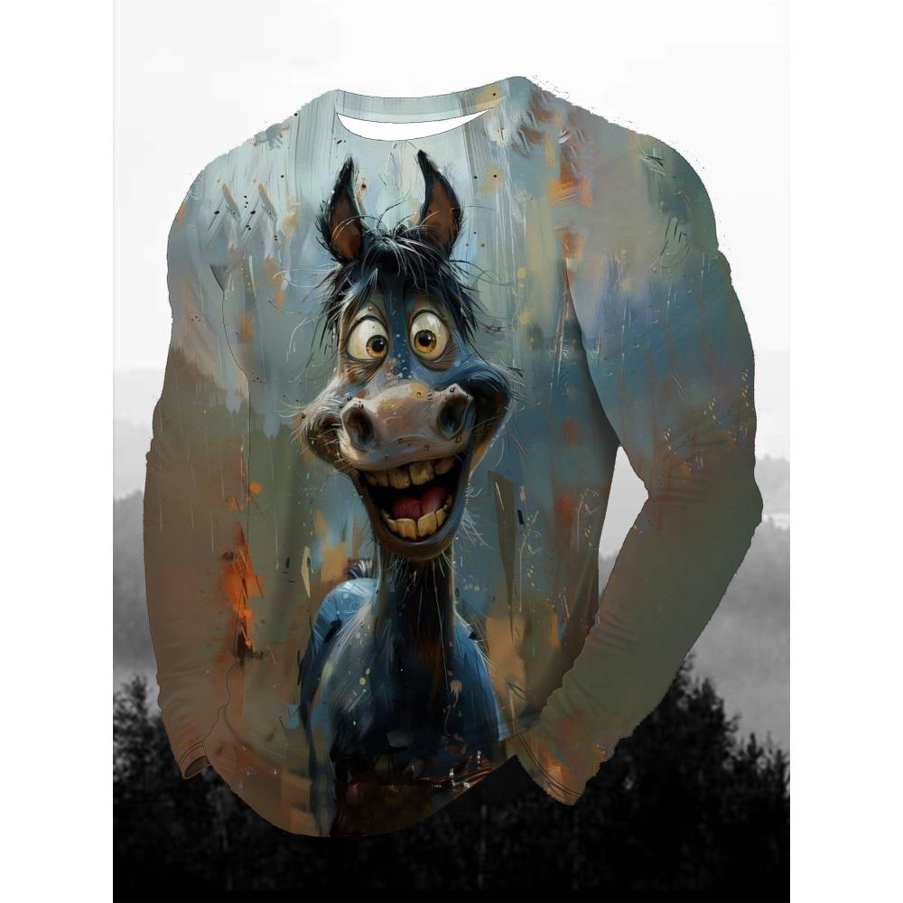 Funny Animal Design Retro Men 3D Printing Street Casual Daily Gray Long Sleeved Round Neck Shirt Spring And Autumn Clothing