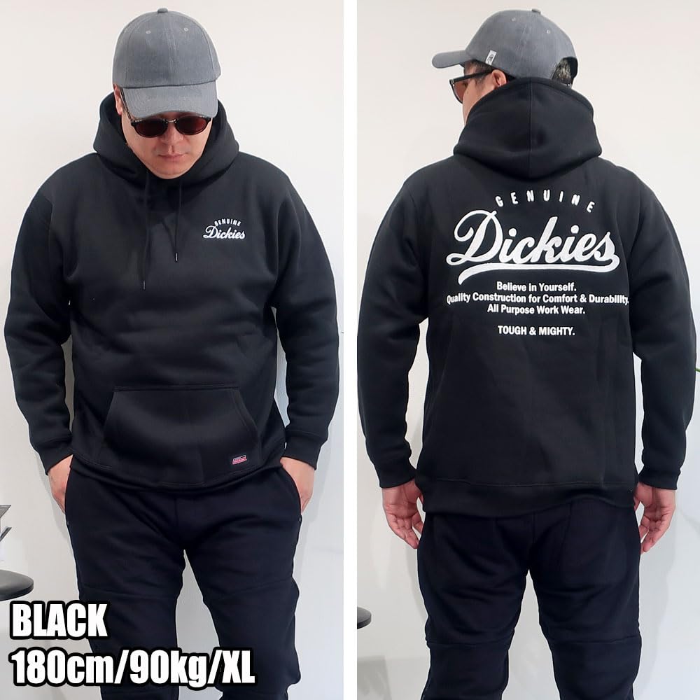 GENUINE Dickies Men's Fleece-Lined Pullover Hoodie with Back Print, Anti-Pilling, and Hoodie, Sizes M, L, and XL, 10001729 (JP, Alphabet, L, BLACK)