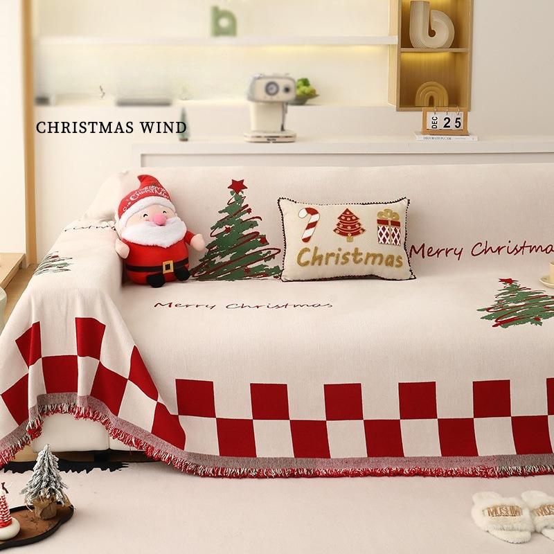 Christmas Sofa Cover Throw Blanket Red Snowflake Santa Chenille Sofa Towel Universal Furniture Protector with Tassels Xmas Home Decor for Living Room