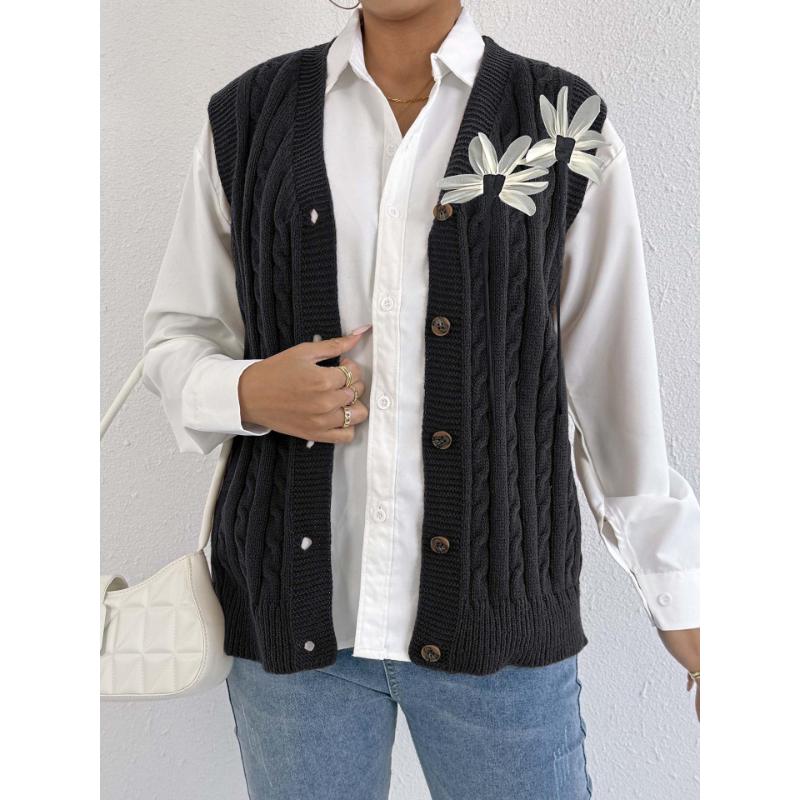 Damen Strickjacke Herbst Winter Damen Lässig Oberbekleidung Zopfmuster Strickpullover Dreidimensionale Blumenstickerei Weste