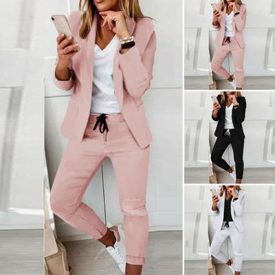 2 Pcs/Set Women Blazer Pants Set Solid Color Turn-down Collar Anti-wrinkle Formal Loose Warm Elastic Waist Pockets Coat Pants Suit for Work