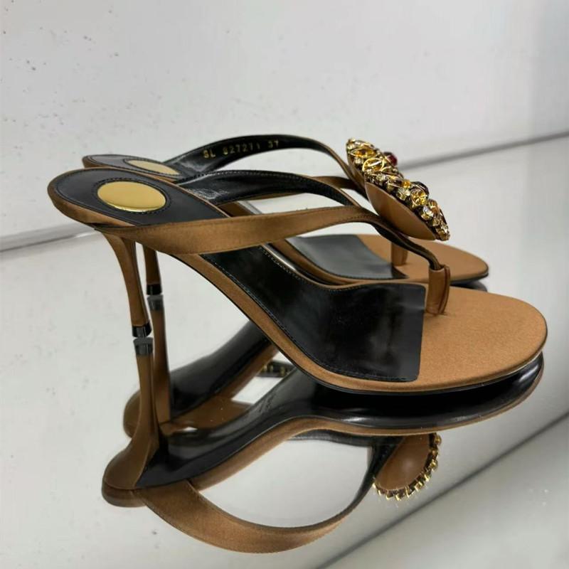 Fashion Luxury Rhinestones Flowers Decor Filp Flops Women Slippers Sandals Summer Sexy Thin High heels Satin Mules Slides Party Shoes