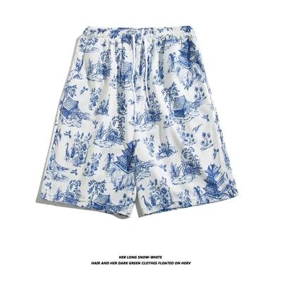 Coole hawaiianische Strandshorts aus Eisseide für Herren, Sommer, dünnes Design, japanische Retro-amerikanische Trendmarke, lässige Fünfviertelhose