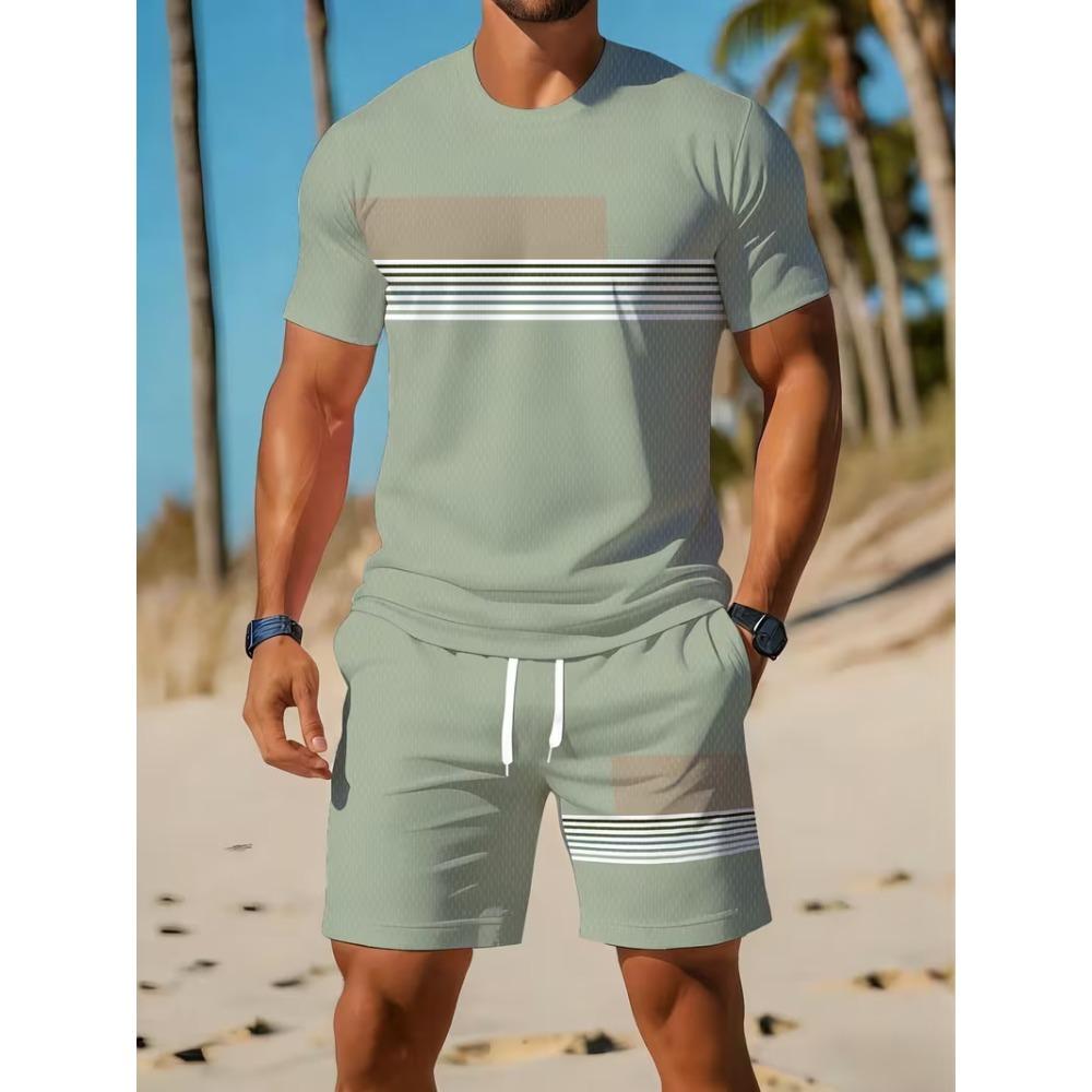 Summer Men's 3D Printed Casual Sports Loose Fashionable Comfortable Round Neck Short Sleeved Shorts Set Letter Stripe Pattern Sports Wear
