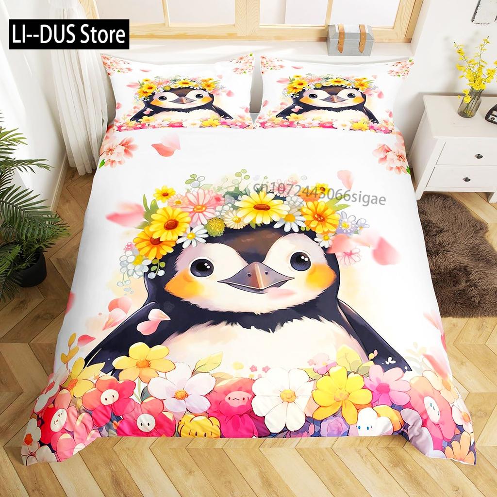 Watercolor Penguin Pattern Print Duvet Cover Set Bedding Set 3pcs for Kids Comforter Cover Soft Quilt Cover with 2 Pillow Case