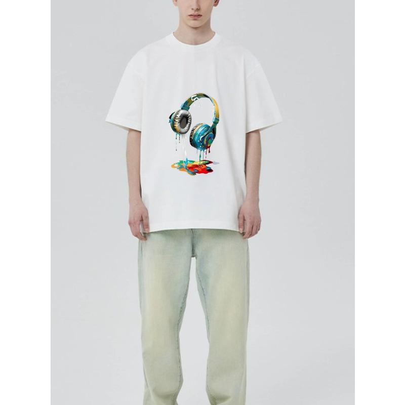 Black Oversized T Shirt with Colorful Headphones Dripping Paint Design for Music Lovers and Streetwear Fashion