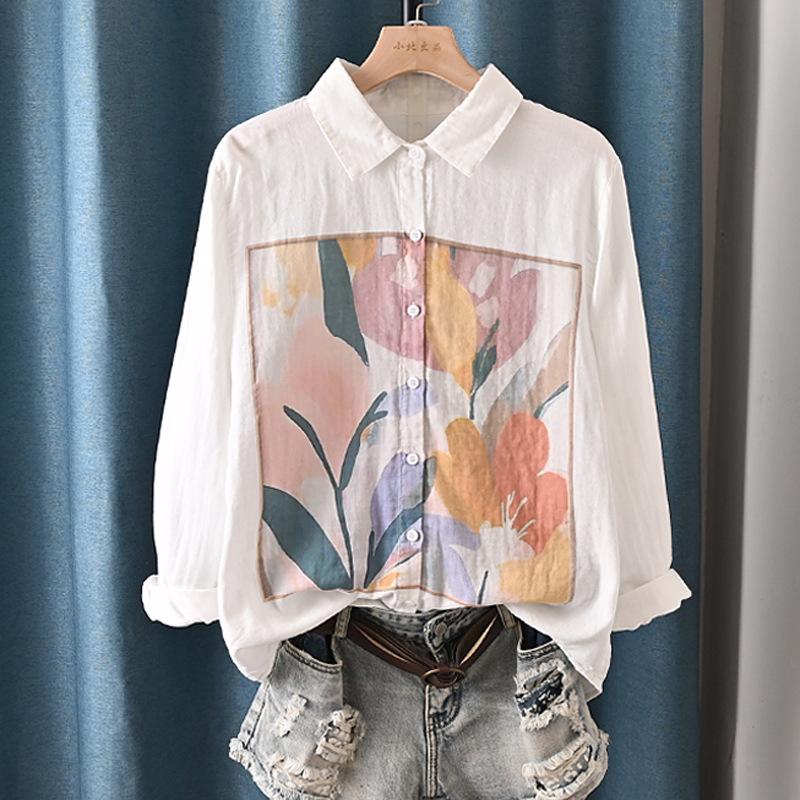 Spring Autumn White Top Double Layered Cotton Yarn Shirts Women Lapel Collar Long Sleeve Printed Blouses
