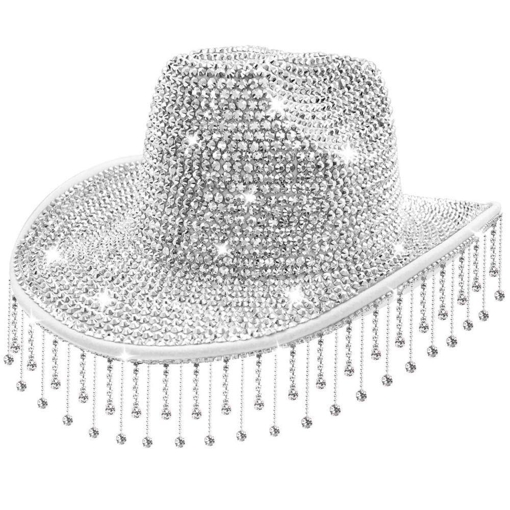 Adjustable Strap Rhinestone Cowgirl Hat Sun Protection Silver Cowboy Hat Bride Cowgirl Hat  Wedding