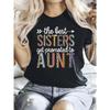 European Size Womens The Best Sisters Get Promoted To Aunt Graphic T-Shirt Black Crew Neck Leopard Print Colorful Lettering Tee, Casual Everyday Wear