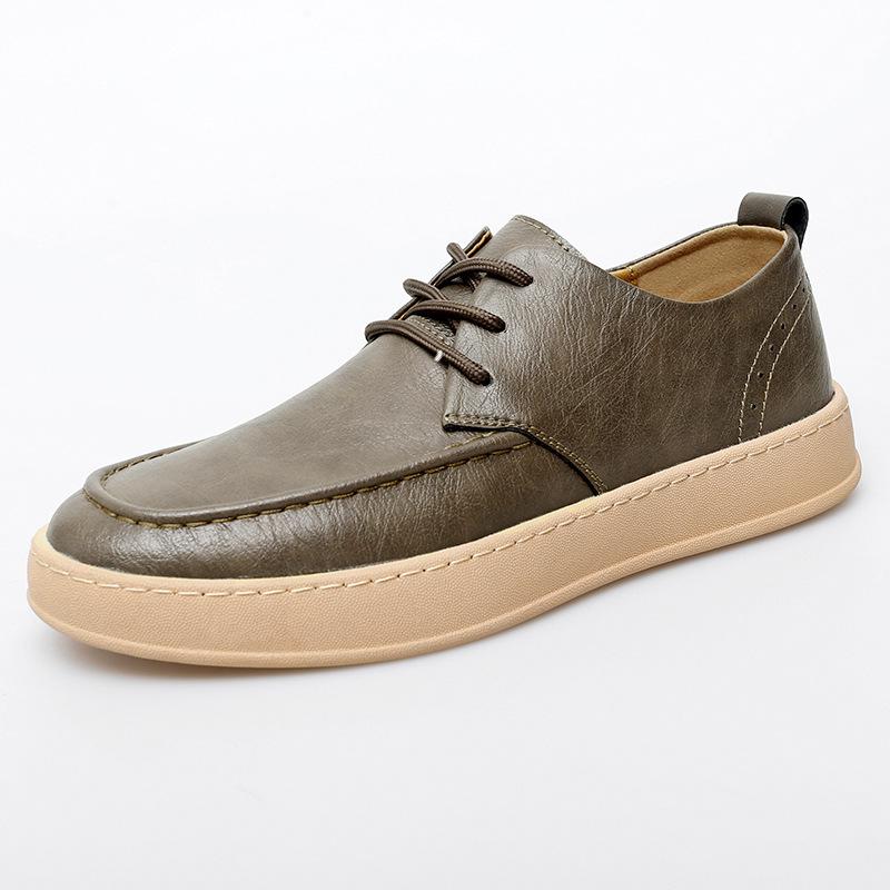 Men s British Style Casual Leather Sneakers - Versatile, Comfortable, Low-Top, Lace-Up Driving Shoes 42 хаки