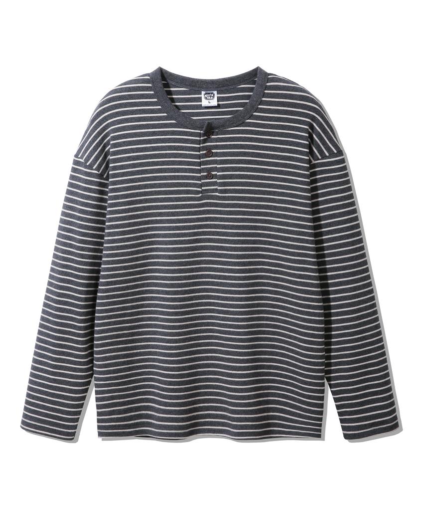 ALVINCLO Peach Stripe 3-Button Henley Neck Long Sleeve T-Shirt Avt953 (3 Colors)