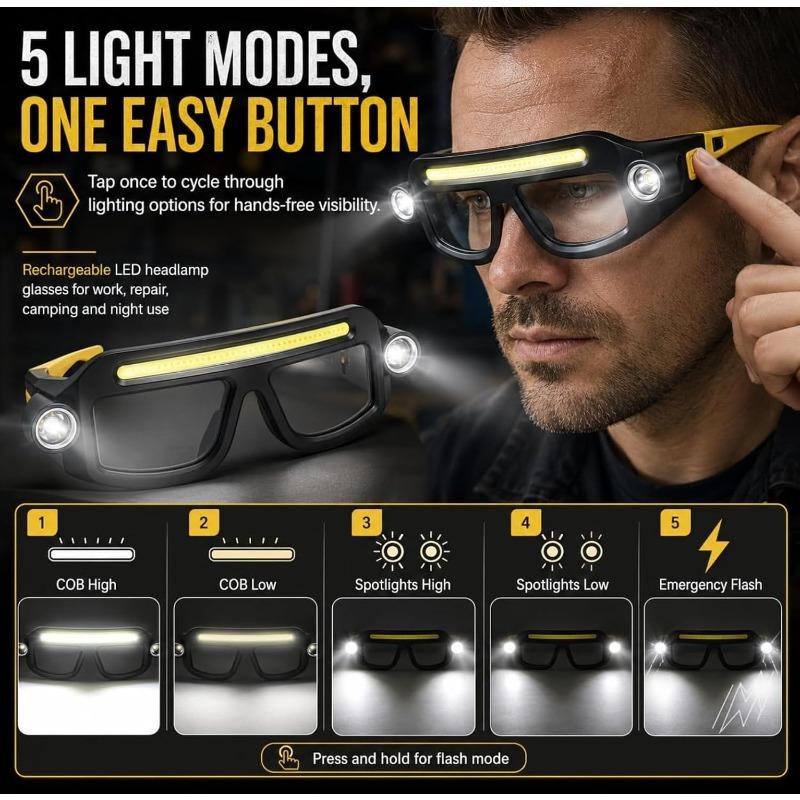 Rechargeable LED Headlamp Glasses, Safety Glasses with Light, 5 Modes USB-C Rechargeable Head Light for Running Camping Fishing Cycling Repair Work