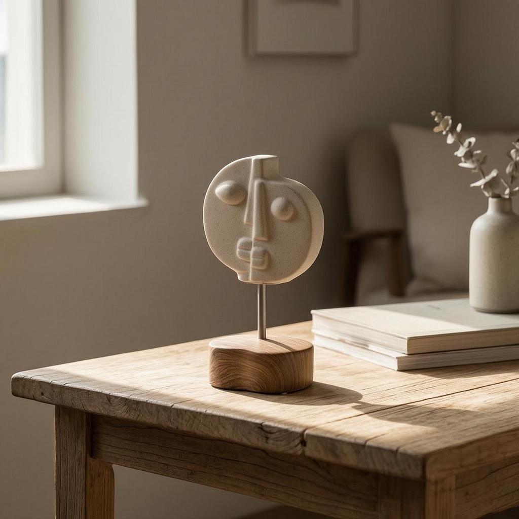 Abstract Face Figurine Minimalist Tabletop Statue with Wood Base Modern for