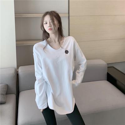 White Plush Bottom Shirt for Women with Autumn and Winter New Fashionable Slit Medium-length Long-sleeved T-shirt Top