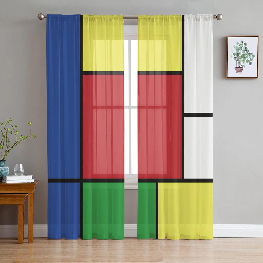 Abstract Geometric Block Tulle Curtains Modern Voile Sheer for Living Room Bedroom Kitchen