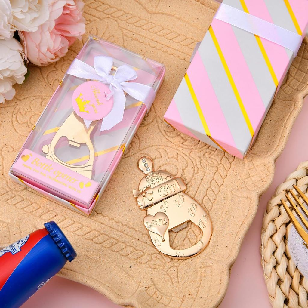 24 Pcs Baby Bottle Opener, Popping Girl Bear Footprint Keychain Bottle Openers with Pink Gift Box, Baby Shower Party Favors for Guests, Wedding