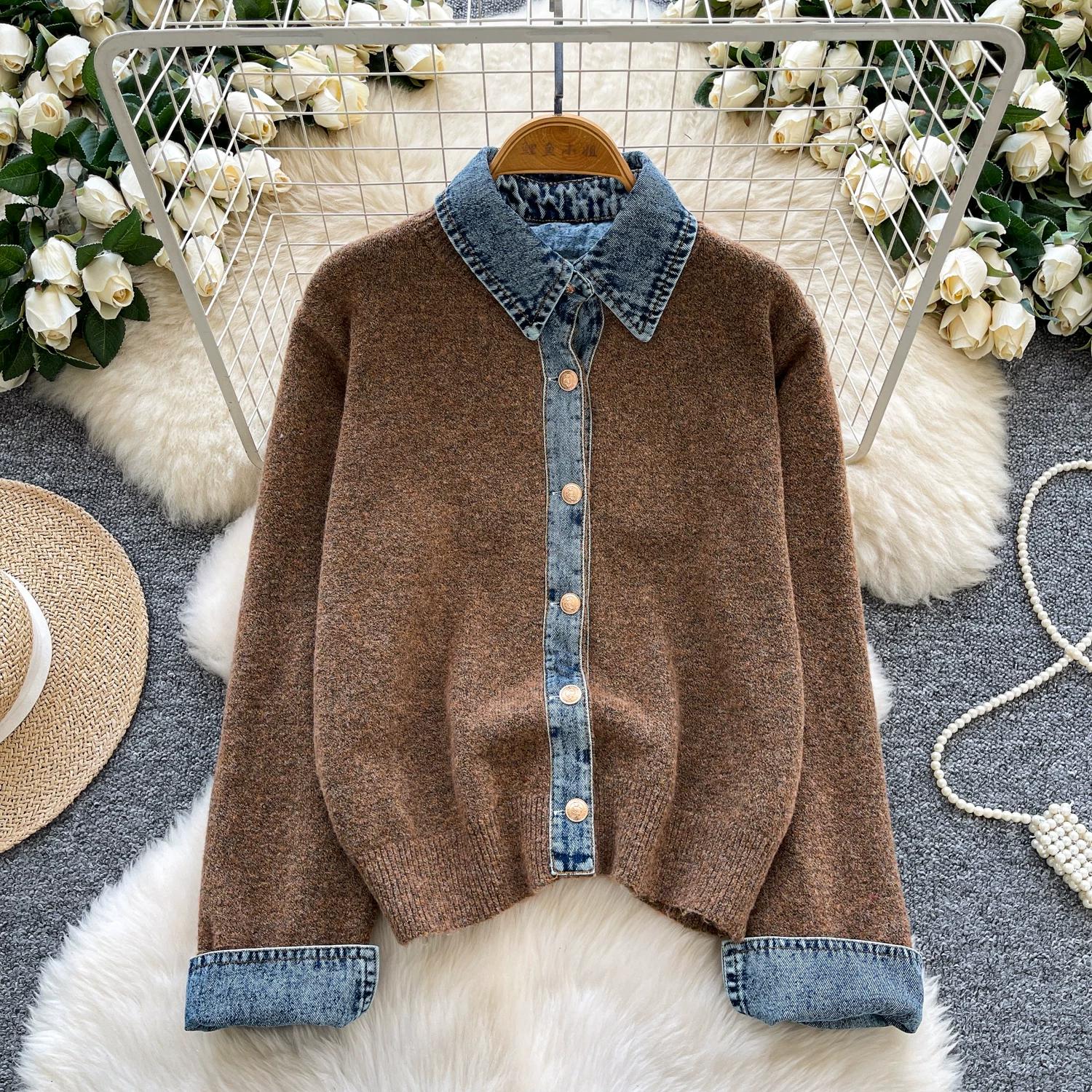 Осенний Зимний Женский Винтажный Однобортный Джинсовый Пэчворк Вязаный Свитер Кардиган Пальто One size темно-коричневого
