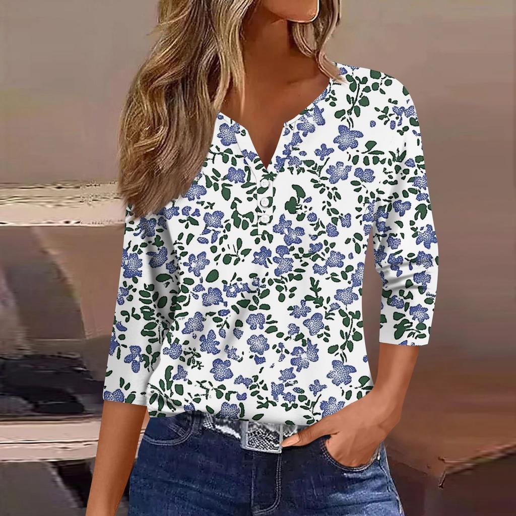 Damska koszulka T-shirt z nadrukiem Rękaw 3/4 Codzienny weekend Moda Podstawowy Dekolt w kształcie litery V Regularny top