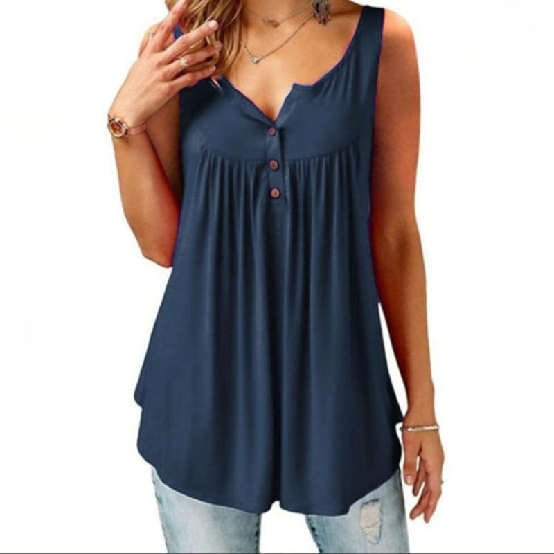 Canotta Estiva da Donna Senza Maniche Casual Tinta Unita Pieghettata Tunica Henley con Bottoni Larga e Fluida Blusa Lunga Taglie Forti