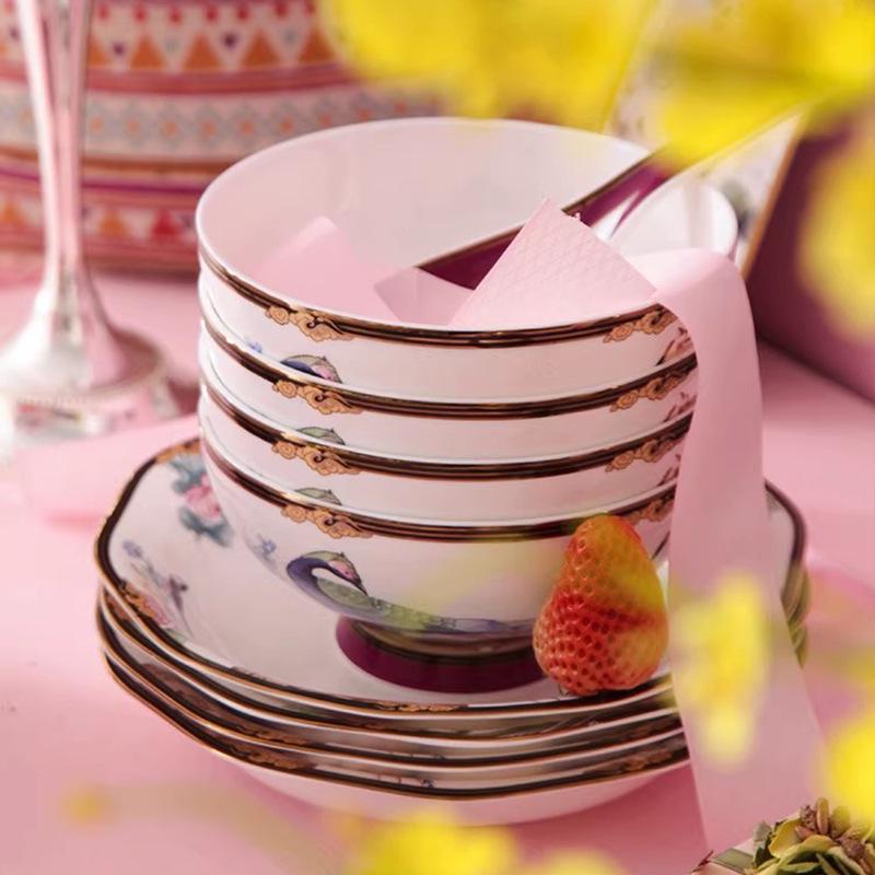 Exquisito Juego de Cuenco y Plato de Cerámica China: Vajilla Creativa Festiva de Porcelana Ósea con Cuencos, Platos y Cucharas