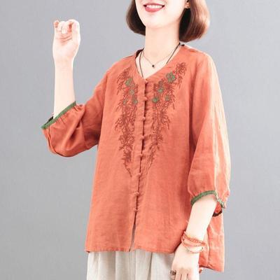 Artistic Retro 2025 Cotton-Linen Embroidered Shirt: Three-Quarter Sleeve Loose Top for Moms