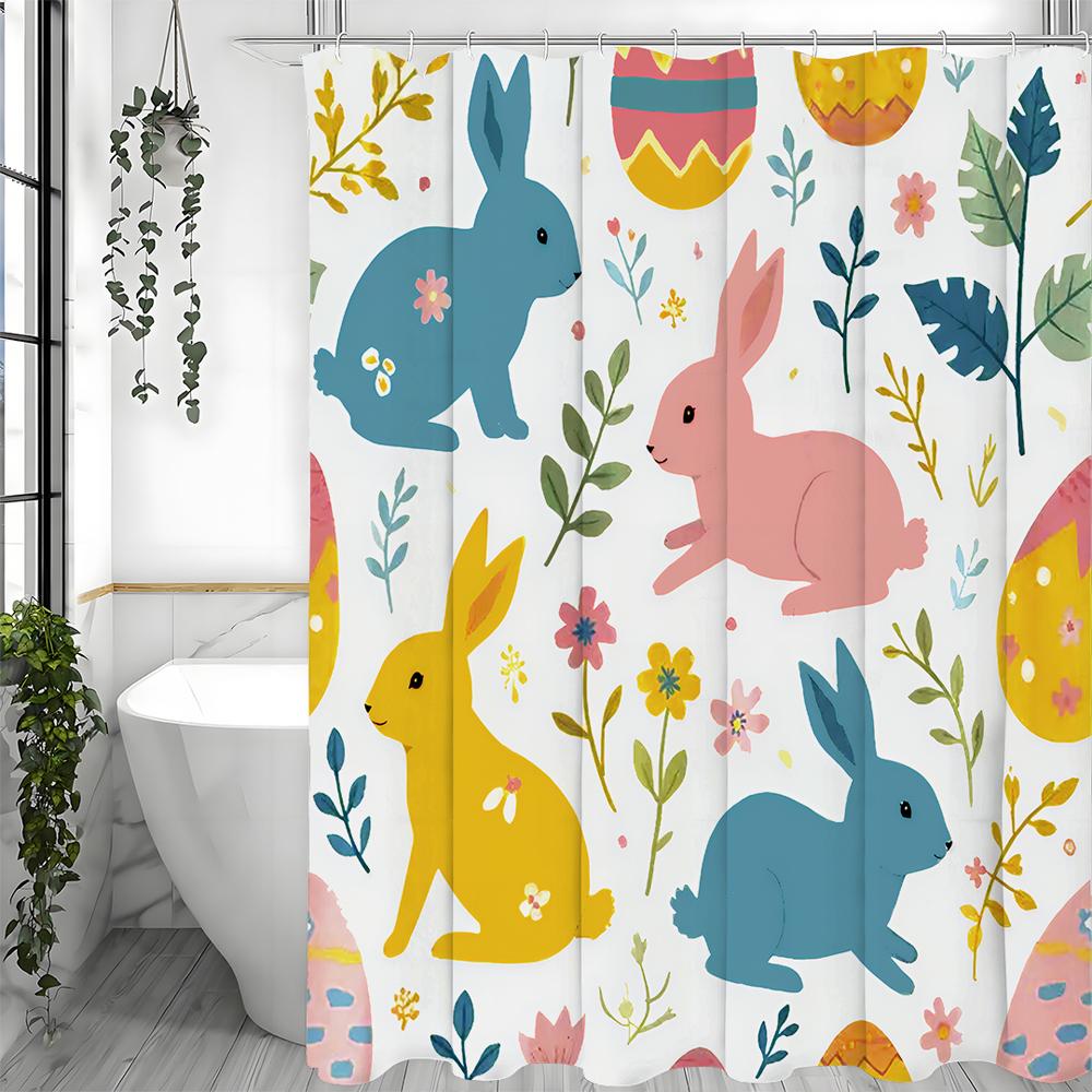 Easter Shower Curtain, Easter Bunny Bathroom Shower Curtain, Spring, Bunny Pattern, Floral, Colorful, Waterproof Shower Curtain