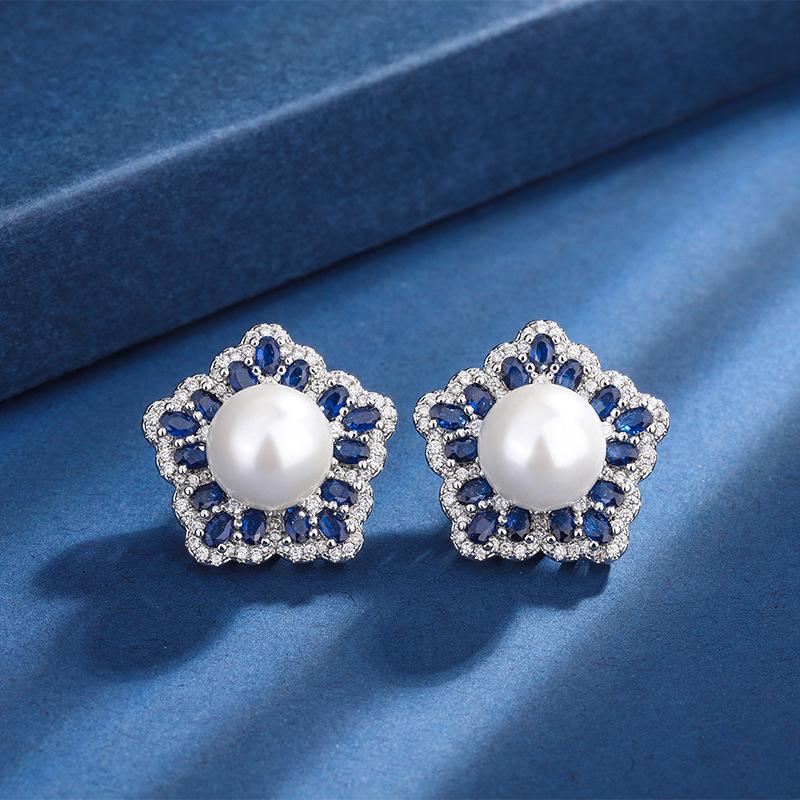 Jewelry Copper Bottom Gold-Plated Fritillary Pearl Star Colored Treasure Diamond Stud Earrings 10Mm