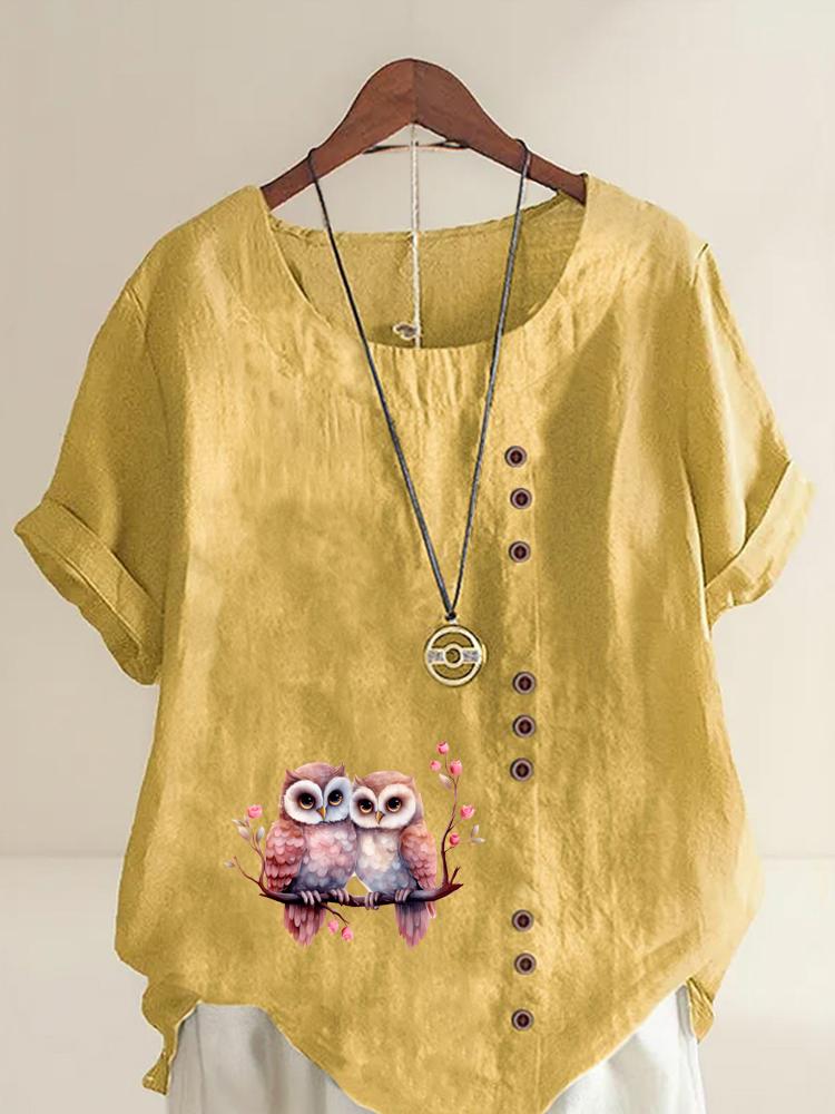 Women's Fashion Couple Owl Print Shot Sleeve T-shirt Loose Cotton Shirt Casual Loose Summer Blouse Tops Plus Size