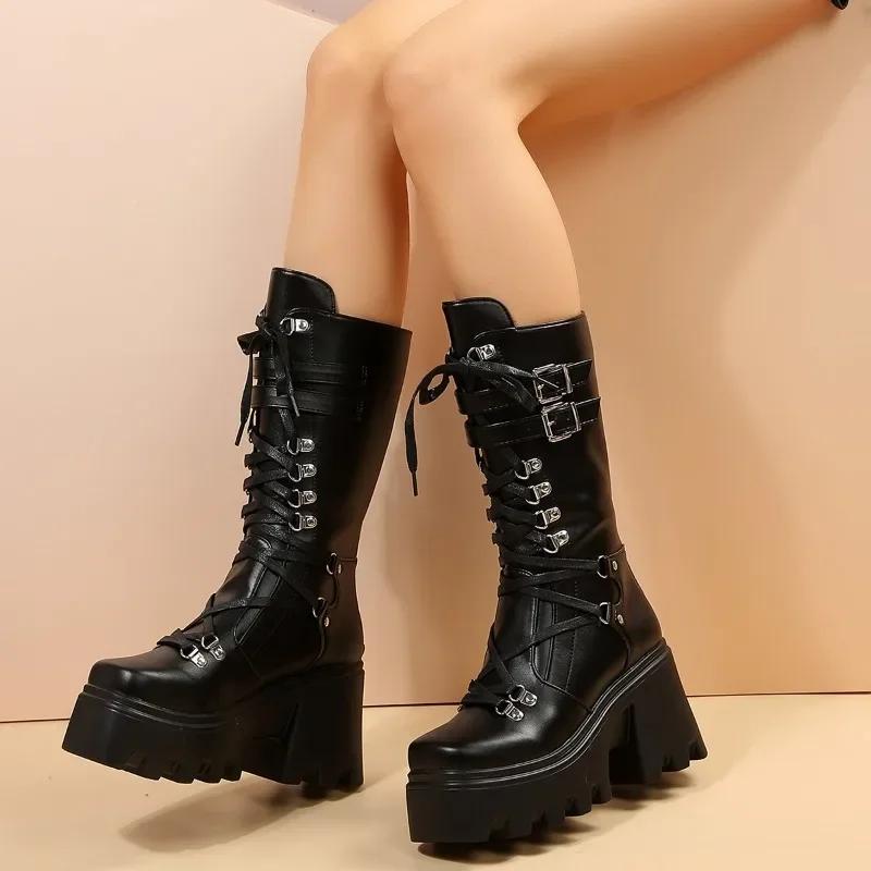 Fashion Winter 2025 New Women's Fashion Mid Tube Boots Lace Up High Platform Wedge Boots New Women's Fashion Solid Color Boots